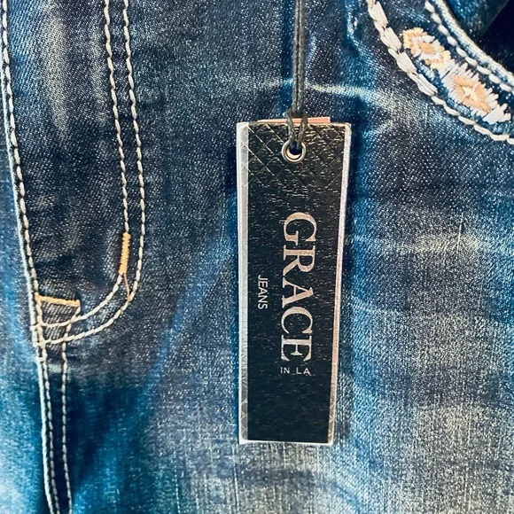 Grace in LA Dark Blue Boot Cut Jeans with Faded Wash - Picture 3 of 9